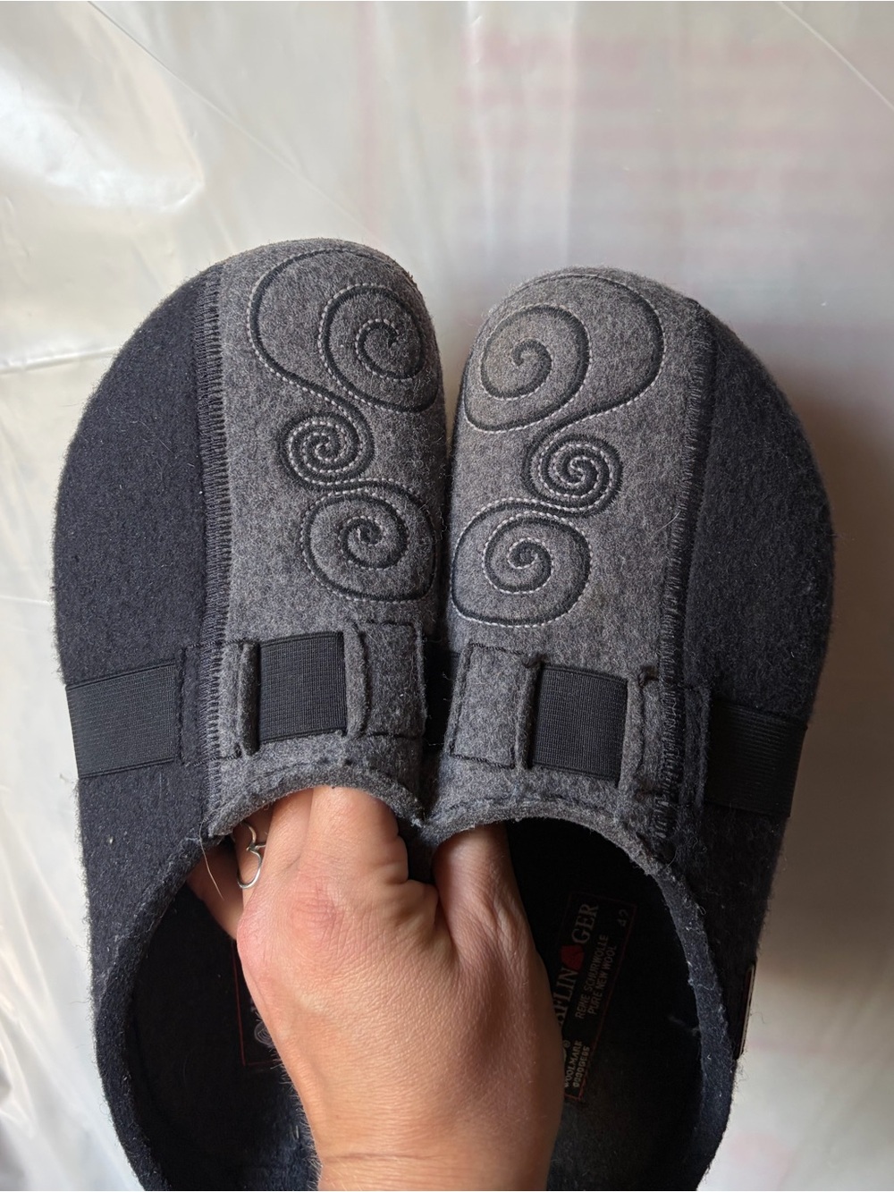 Haflinger Magic Gray Wool Slip-On House Slippers with Swirl Stitching